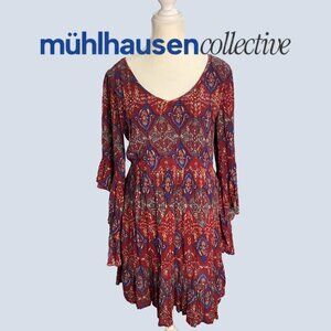 Boho Open Back Mini Dress | Red & Blue Print | Flowy Bell Sleeve |